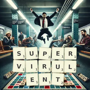 Creative illustration for a Scrabble game with the word SUPERVIRULENT spelled out in tiles on the board.
