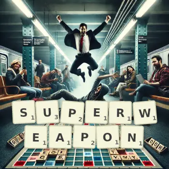Creative illustration for a Scrabble game with the word SUPERWEAPON spelled out in tiles on the board.