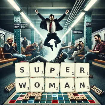 Creative illustration for a Scrabble game with the word SUPERWOMAN spelled out in tiles on the board.