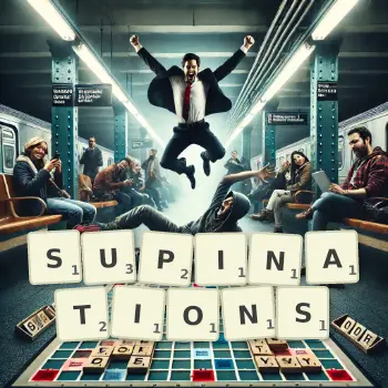 Creative illustration for a Scrabble game with the word SUPINATIONS spelled out in tiles on the board.