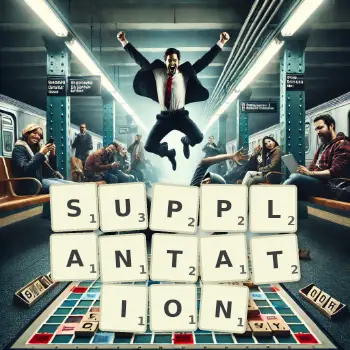 Creative illustration for a Scrabble game with the word SUPPLANTATION spelled out in tiles on the board.