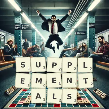 Creative illustration for a Scrabble game with the word SUPPLEMENTALS spelled out in tiles on the board.