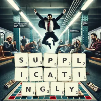 Creative illustration for a Scrabble game with the word SUPPLICATINGLY spelled out in tiles on the board.