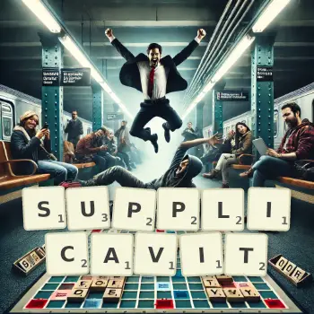 Creative illustration for a Scrabble game with the word SUPPLICAVIT spelled out in tiles on the board.