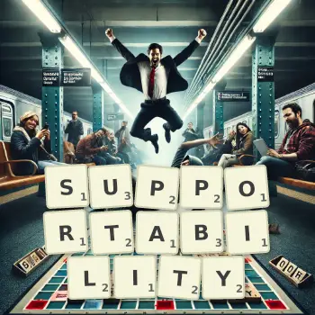 Creative illustration for a Scrabble game with the word SUPPORTABILITY spelled out in tiles on the board.