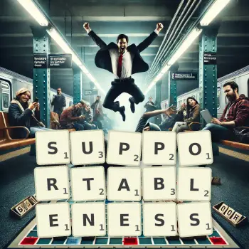 Creative illustration for a Scrabble game with the word SUPPORTABLENESS spelled out in tiles on the board.