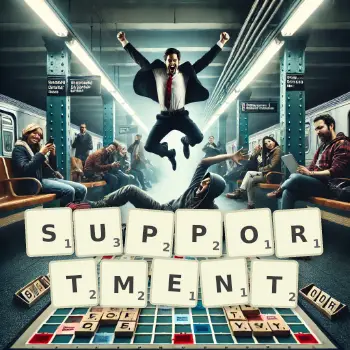 Creative illustration for a Scrabble game with the word SUPPORTMENT spelled out in tiles on the board.
