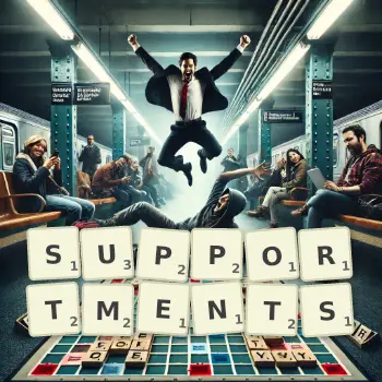 Creative illustration for a Scrabble game with the word SUPPORTMENTS spelled out in tiles on the board.