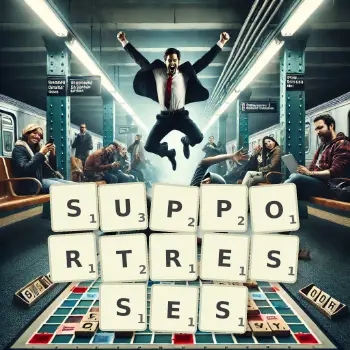 Creative illustration for a Scrabble game with the word SUPPORTRESSES spelled out in tiles on the board.