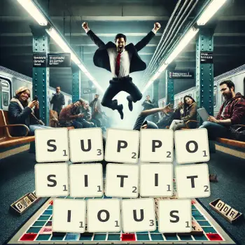 Creative illustration for a Scrabble game with the word SUPPOSITITIOUS spelled out in tiles on the board.