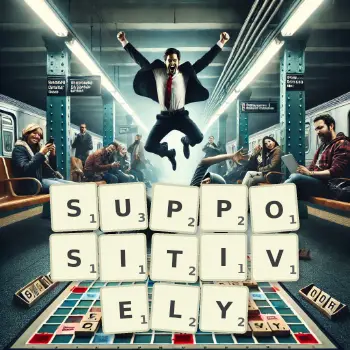 Creative illustration for a Scrabble game with the word SUPPOSITIVELY spelled out in tiles on the board.