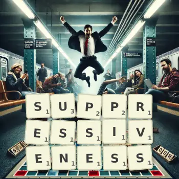 Creative illustration for a Scrabble game with the word SUPPRESSIVENESS spelled out in tiles on the board.