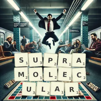 Creative illustration for a Scrabble game with the word SUPRAMOLECULAR spelled out in tiles on the board.