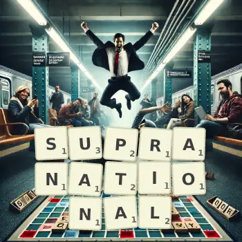 Creative illustration for a Scrabble game with the word SUPRANATIONAL spelled out in tiles on the board.
