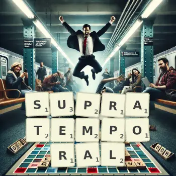Creative illustration for a Scrabble game with the word SUPRATEMPORAL spelled out in tiles on the board.