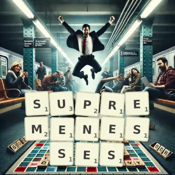 Creative illustration for a Scrabble game with the word SUPREMENESSES spelled out in tiles on the board.