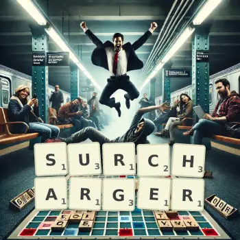 Creative illustration for a Scrabble game with the word SURCHARGER spelled out in tiles on the board.
