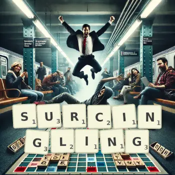 Creative illustration for a Scrabble game with the word SURCINGLING spelled out in tiles on the board.