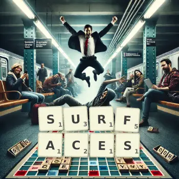 Creative illustration for a Scrabble game with the word SURFACES spelled out in tiles on the board.