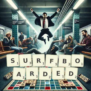 Creative illustration for a Scrabble game with the word SURFBOARDED spelled out in tiles on the board.