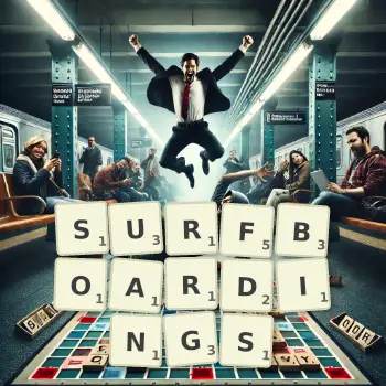 Creative illustration for a Scrabble game with the word SURFBOARDINGS spelled out in tiles on the board.