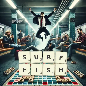 Creative illustration for a Scrabble game with the word SURFFISH spelled out in tiles on the board.
