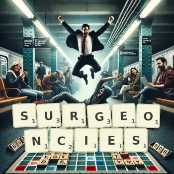 Creative illustration for a Scrabble game with the word SURGEONCIES spelled out in tiles on the board.