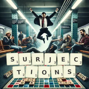 Creative illustration for a Scrabble game with the word SURJECTIONS spelled out in tiles on the board.