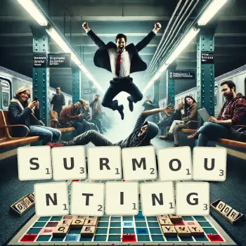 Creative illustration for a Scrabble game with the word SURMOUNTING spelled out in tiles on the board.