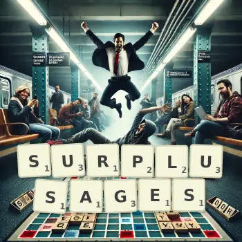 Creative illustration for a Scrabble game with the word SURPLUSAGES spelled out in tiles on the board.