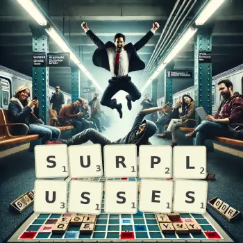 Creative illustration for a Scrabble game with the word SURPLUSSES spelled out in tiles on the board.