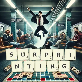 Creative illustration for a Scrabble game with the word SURPRINTING spelled out in tiles on the board.
