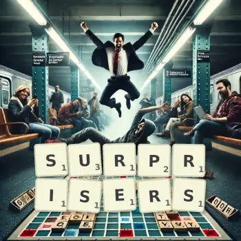 Creative illustration for a Scrabble game with the word SURPRISERS spelled out in tiles on the board.