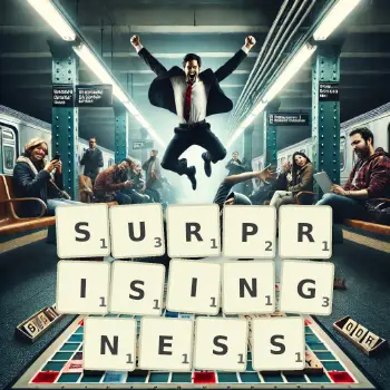Creative illustration for a Scrabble game with the word SURPRISINGNESS spelled out in tiles on the board.