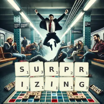 Creative illustration for a Scrabble game with the word SURPRIZING spelled out in tiles on the board.