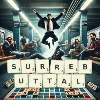 Creative illustration for a Scrabble game with the word SURREBUTTAL spelled out in tiles on the board.