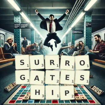 Creative illustration for a Scrabble game with the word SURROGATESHIP spelled out in tiles on the board.