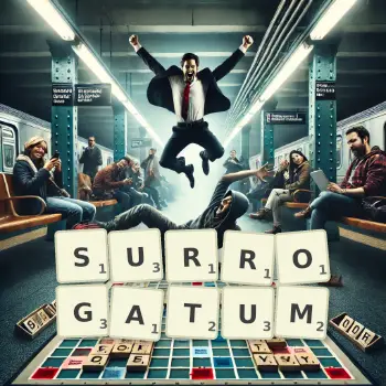 Creative illustration for a Scrabble game with the word SURROGATUM spelled out in tiles on the board.
