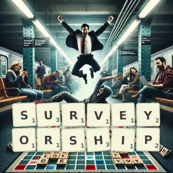 Creative illustration for a Scrabble game with the word SURVEYORSHIP spelled out in tiles on the board.