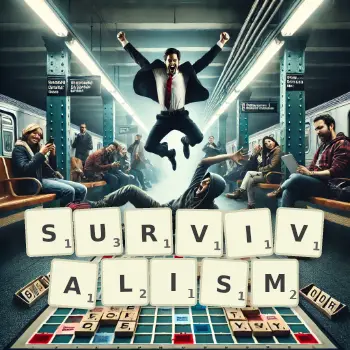 Creative illustration for a Scrabble game with the word SURVIVALISM spelled out in tiles on the board.