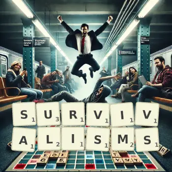 Creative illustration for a Scrabble game with the word SURVIVALISMS spelled out in tiles on the board.