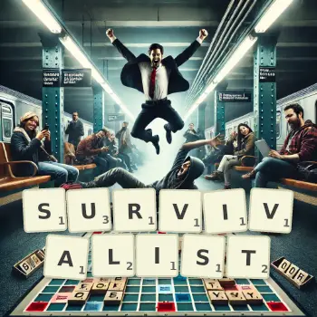 Creative illustration for a Scrabble game with the word SURVIVALIST spelled out in tiles on the board.