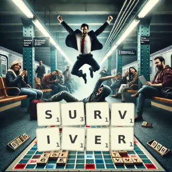 Creative illustration for a Scrabble game with the word SURVIVER spelled out in tiles on the board.