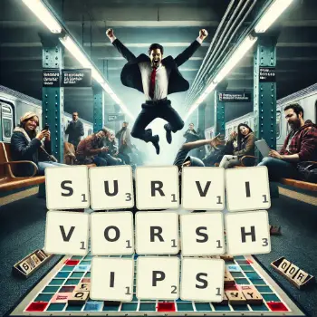 Creative illustration for a Scrabble game with the word SURVIVORSHIPS spelled out in tiles on the board.
