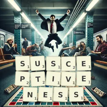 Creative illustration for a Scrabble game with the word SUSCEPTIVENESS spelled out in tiles on the board.