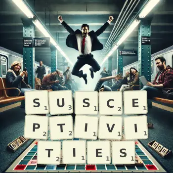 Creative illustration for a Scrabble game with the word SUSCEPTIVITIES spelled out in tiles on the board.