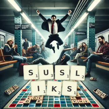 Creative illustration for a Scrabble game with the word SUSLIKS spelled out in tiles on the board.