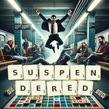 Creative illustration for a Scrabble game with the word SUSPENDERED spelled out in tiles on the board.