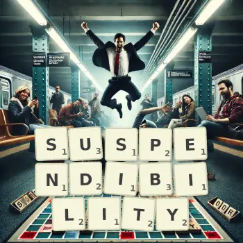 Creative illustration for a Scrabble game with the word SUSPENDIBILITY spelled out in tiles on the board.