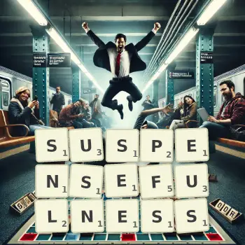 Creative illustration for a Scrabble game with the word SUSPENSEFULNESS spelled out in tiles on the board.